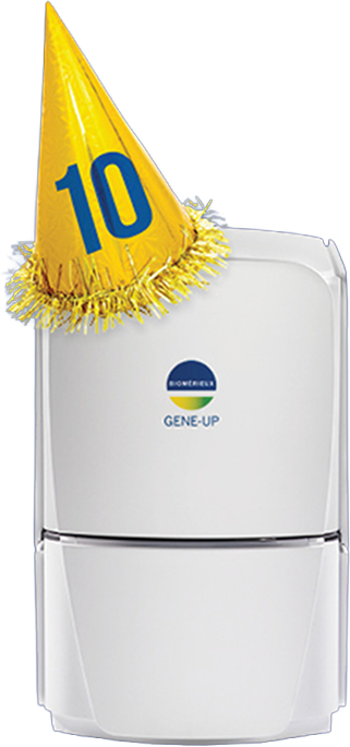 GENE-UP instrument in party hat with the number 10 on it